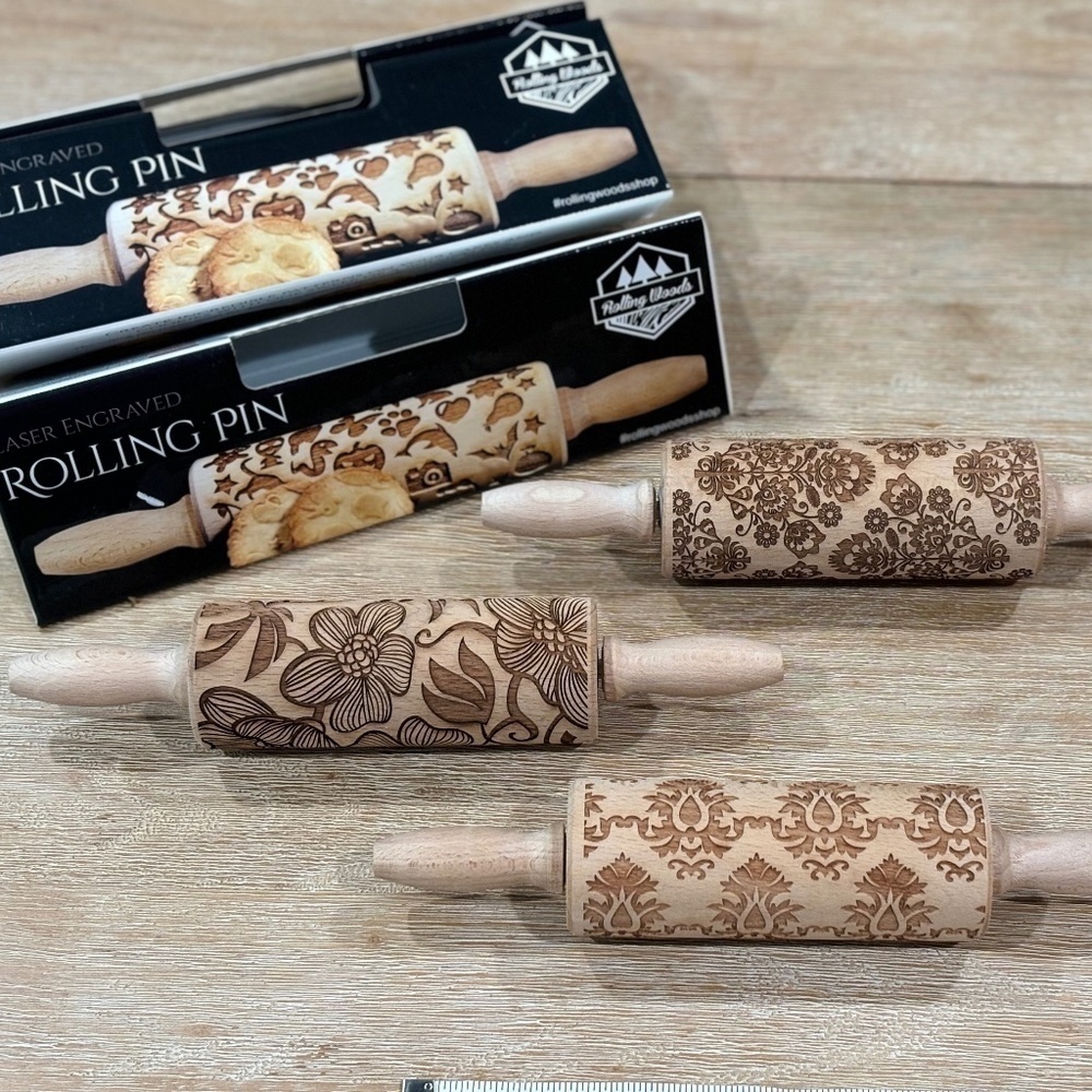 NWT Rolling Woods Artist Hand crafted Laser Engraved Rolling Pins, Set of 3